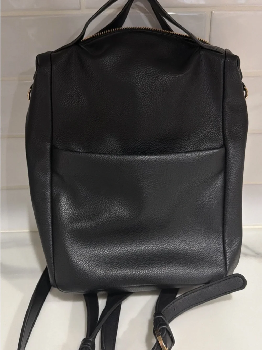 a new day Black Pebbled Faux Leather Backpack with Gold Accents